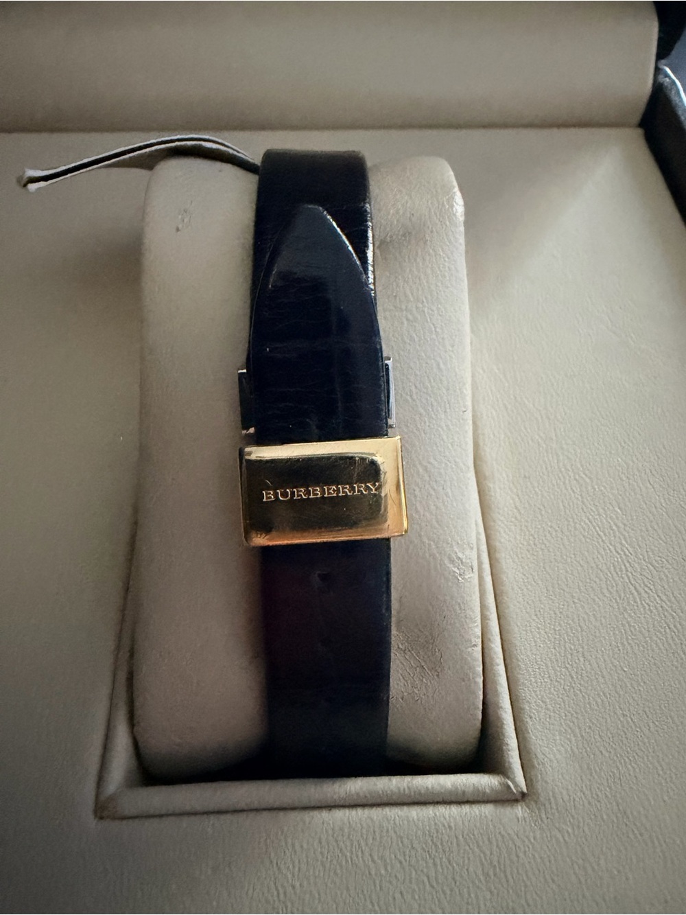 Woman’s Burberry Gold-Tone Rectangular Watch with Black Leather Strap with tag. - Picture 5 of 11